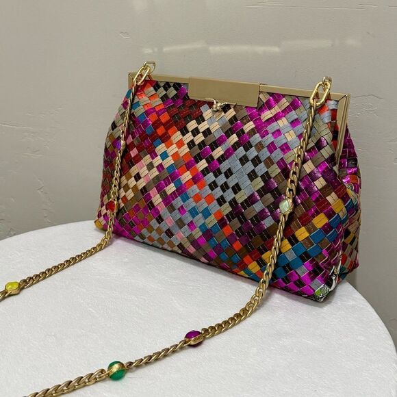 Colorful Woven Leather Handmade Kisslock Metal Frame Handbag, Multi Use Style - Picture 7 of 16